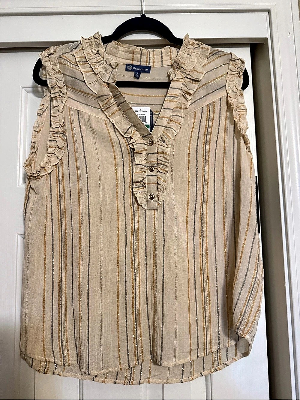 Democracy Striped Ruffle Blouse in Cream & Gold Size Large NWT